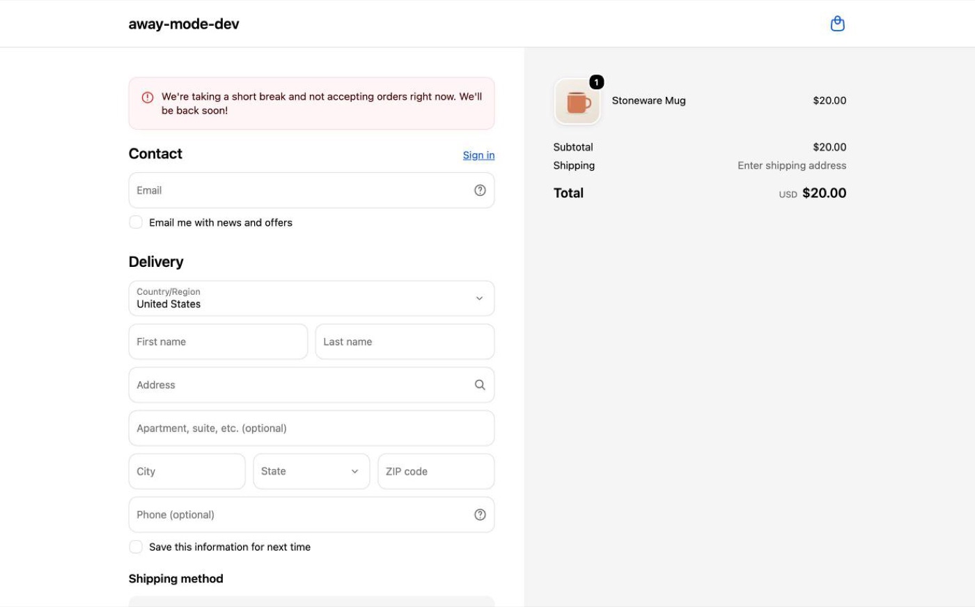 Checkout showing the paused message